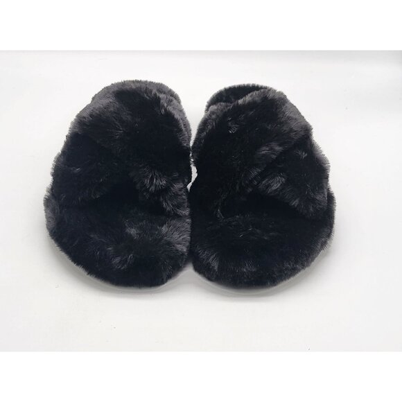 Hunter Faux Fur Flatform Crossover Black Womens Slides Slippers Size 7 - Picture 2 of 5
